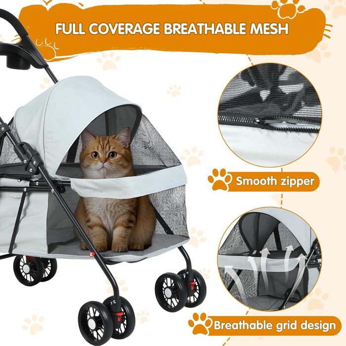 Візок для тварин: для собак та котів, складання, 4 колеса, сірий