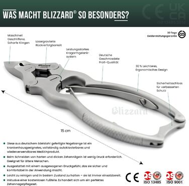 Професійний педикюрний кусачки Blizzard для товстих і врослих нігтів на ногах, 15 см, з нержавіючої сталі, для догляду за стопами, з безкоштовною пилочкою
