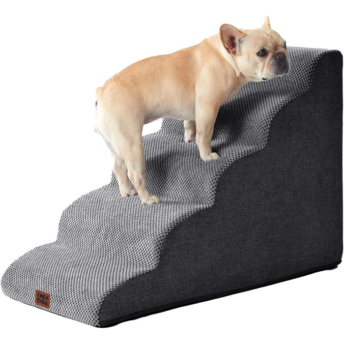 Сходинки для собак EHEYCIGA: 57 см, 5 сходинок, сірий колір. Підходять для маленьких собак, зручні для доступу до диванів та ліжок. Матеріал: високощільний губчастий матеріал, знімний та миючий чохол, антиковзне покриття. Розміри: 83.8 x 40 x 57 см.