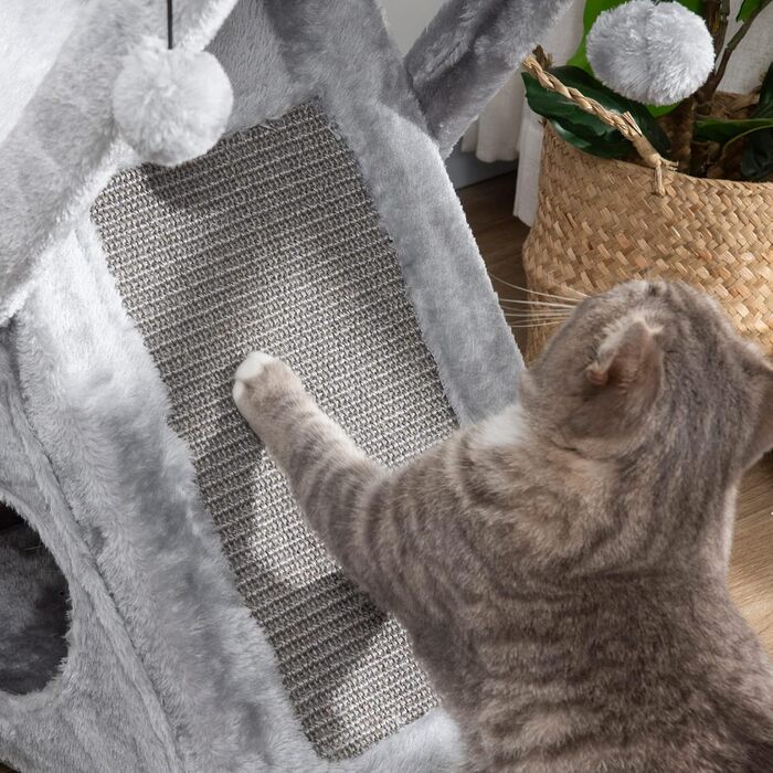 Котячий будиночок PawHut з когтеточкою, драбинкою, гамаком і лежаком, сірий, 54,5x32x65 см, плюш, сизаль, ДСП