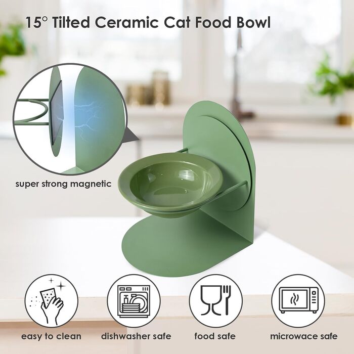 Підвищений годівниця для котів, керамічна миска для корму з металевим підставкою, протиковзна, не протікає, для дому (2 шт, зелена)