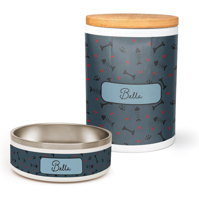 PICANOVA Набір мисок та контейнерів для корму для собак з іменем - Персоналізований набір у різдвяному дизайні - Керамічний набір мисок та контейнерів для собак як подарунковий набір для власників домашніх тварин - Дизайн Candy Bones (Набір Рибка та Кістк