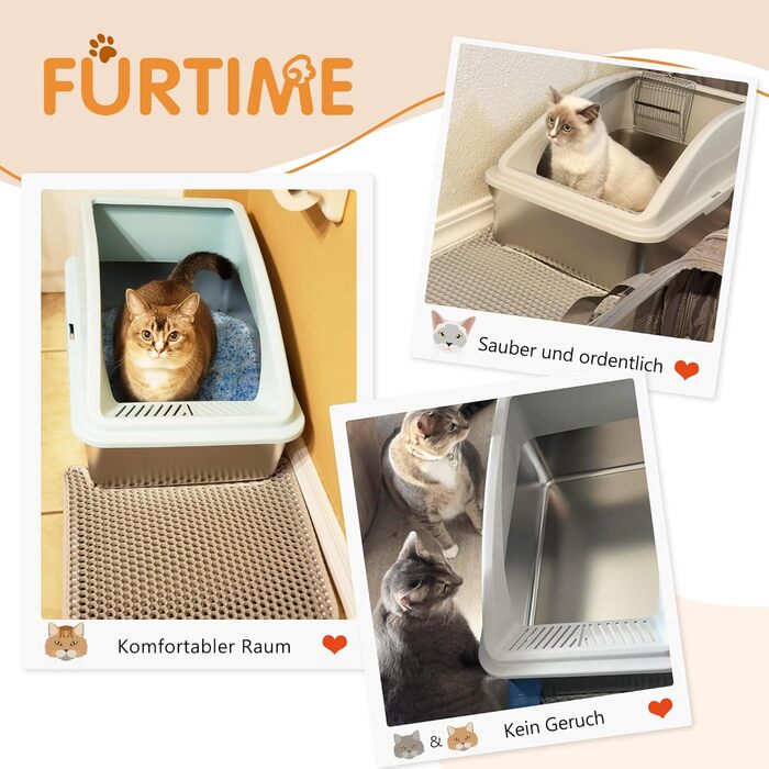 FURTIME Лоток для котів з нержавіючої сталі XXL, 28 л, велика місткість, проти протікань, з металевою лопаткою, 60x40x31 см, сріблястий