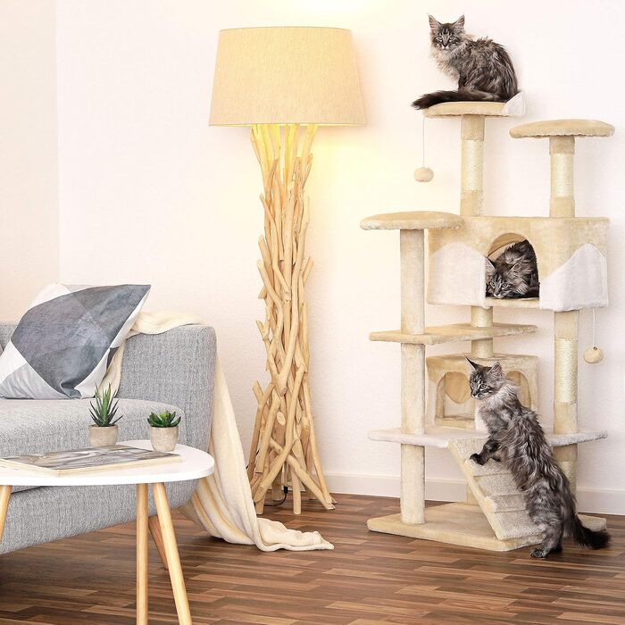 Дряпка для котів lionto, 130 см, з 2 іграшками, 3 платформами, будиночком і м'яким плюшем, для великих і малих котів, бежево-біла