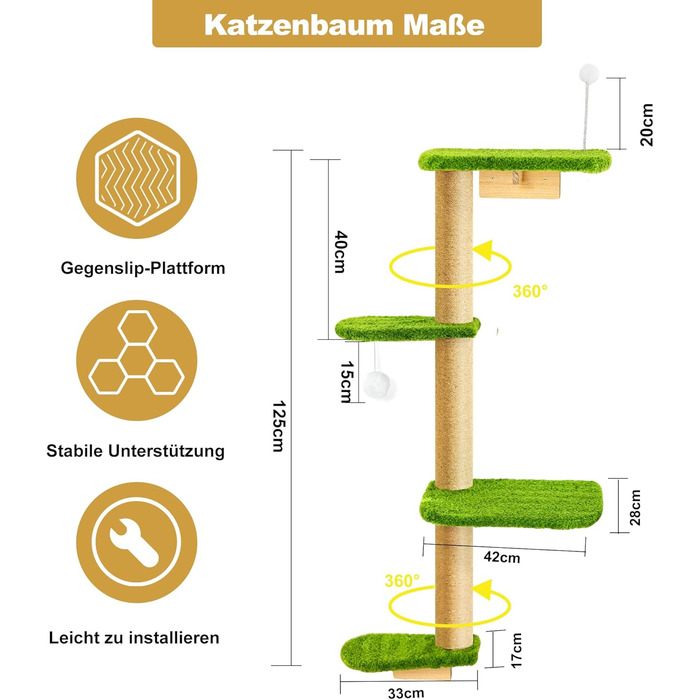 Кліматична стіна для котів Kratzbaum 125 см: 4 яруси, натуральне дерево, міцний фетр, зелений колір