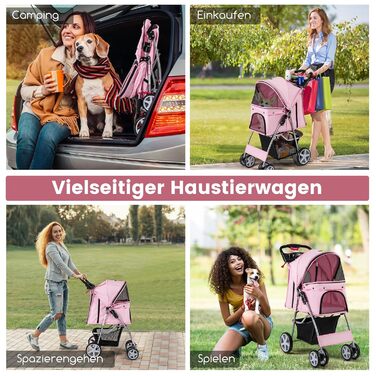 Візок для собак та котів COSTWAY, до 15 кг, рожевий, з сітчастими віконцями, тримачем для напоїв, кошиком та сонцезахистом
