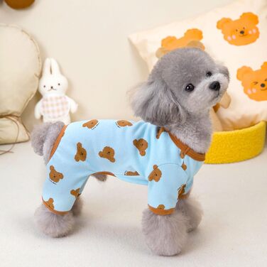 Піжама для собак AXIIJGL, бавовна, еластична, цільнокройна, зручна, для маленьких собак, з принтом милого ведмедика, для французького бульдога (XX-Large, довжина спини 37 см), блакитно-біла