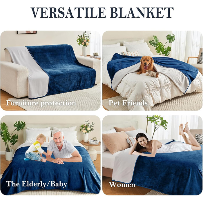 Водонепроникний плед для дорослих, двосторонній, для собак, котів, тварин, м'який, захист від протікання, для ліжка, дивану, софи, меблів (Морська синя/Світло сіра, 101x152 см)