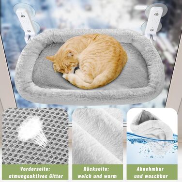 Кішка ліжко на вікно Casgee 60x30 см, гамак для котів з міцними присосками, ліжко для котів на вікно, складане ліжко для котів на вікно, підходить для котів вагою до 20 кг, гамак для котів на вікно (з великим ліжком для котів, сірий)