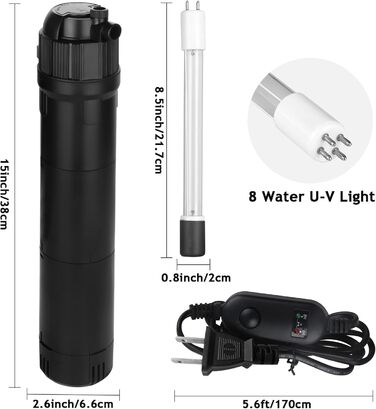 Фільтр для акваріума ITIY 5-в-1 з UV-фільтром, 650 л/год, 6W, з таймером, регульований на 180°, для малих акваріумів, тропічних акваріумів та водосховищ для черепах (8W, 800 л/год, UV: 10W)
