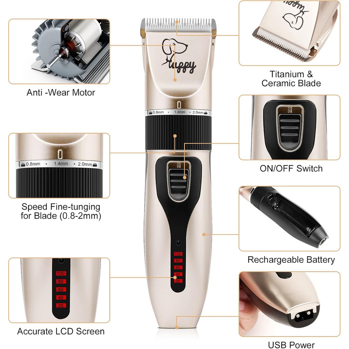 Професійна машинка для стрижки собак, тиха, для довгого та густого волосся, електрична, бездротова, акумуляторна, для собак, котів, домашніх тварин, чорний / золотий