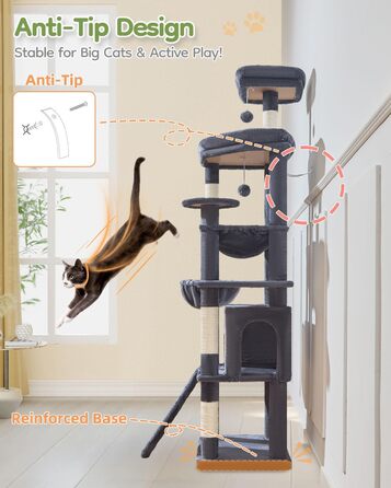 Котячий комплекс Taoqimiao 183 см XXL з будиночком, гамаком, когтеточками та великою платформою (темно-сірий)