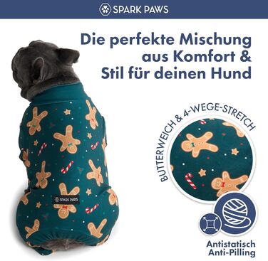 Піжама для собак Spark Paws, ультрам'яка, 4-стороння еластичність, післяопераційний одяг, сорочка-комбінезон для маленьких, середніх та великих собак - M (Gingerbread Man, XL: 10-16kg)