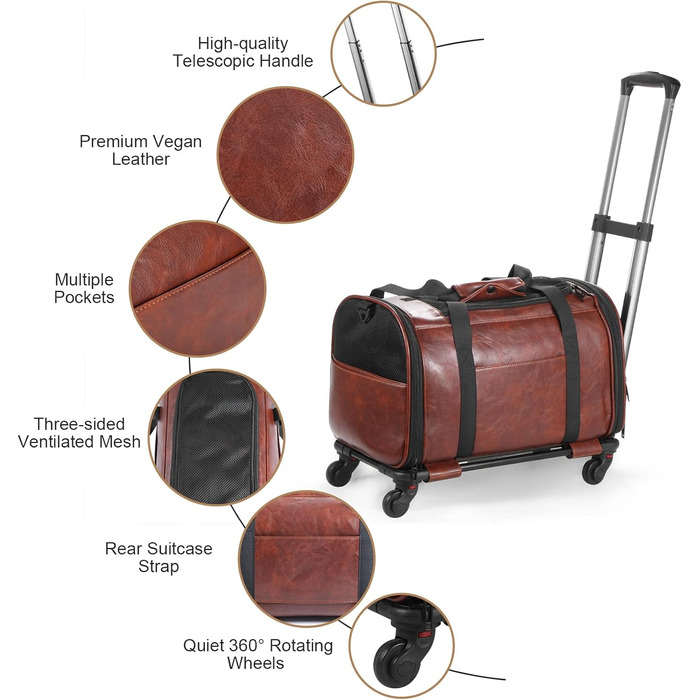 Сумка-переноска для тварин з екошкіри на колесах, для собак та котів до 6,8 кг, схвалена авіакомпаніями, для подорожей, кемпінгу та кав'ярень