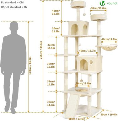 Двоповерховий котячий будиночок Vounot XXL (215 см), котячий комплекс з гамаком, корзиною та шматочками для дряпання, сірий та бежевий
