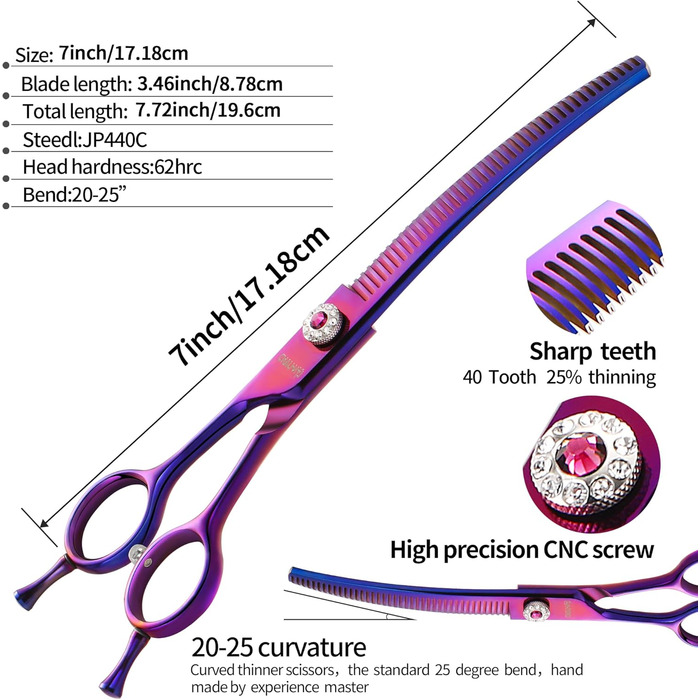 Професійна вигнута ножиця для грумінгу собак, гострі леза, універсальна ножиця, ножиці для догляду за собаками, японська сталь 440C, плавне різання та точний зріз, кольори, 17,8 см