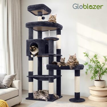 Комплекс для котів Globlazer Kratzbaum 165 см для великих котів, темно-сірий: будиночок, платформа, лежак, стовпчики
