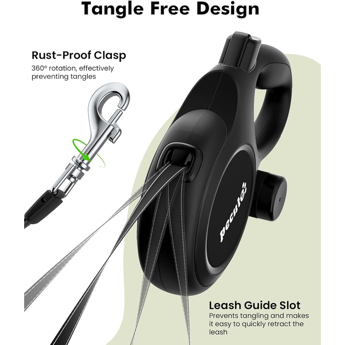 Рулетка для собак Pecute 8м, бісостійка, з набором для збору відходів, 360° без перекручування, чорна (до 50кг)