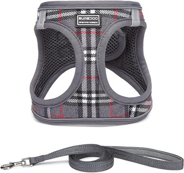 Нашийник для собак маленьких порід з повідком, анти-тягнучий, світловідбиваючий, дихаючий, нагрудник для цуценят (S, обхват грудей: 29-33см) (Сірий в клітинку, XL (обхват грудей: 46-53см, вага: 8-10.5кг))