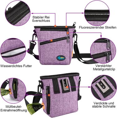 Сумка для ласощів Ownpets для собак, навчальна сумка, сумка для печива, мішок для відходів, складаний миска, регульований ремінь, поясний ремінь та кліп, (фіолетовий)
