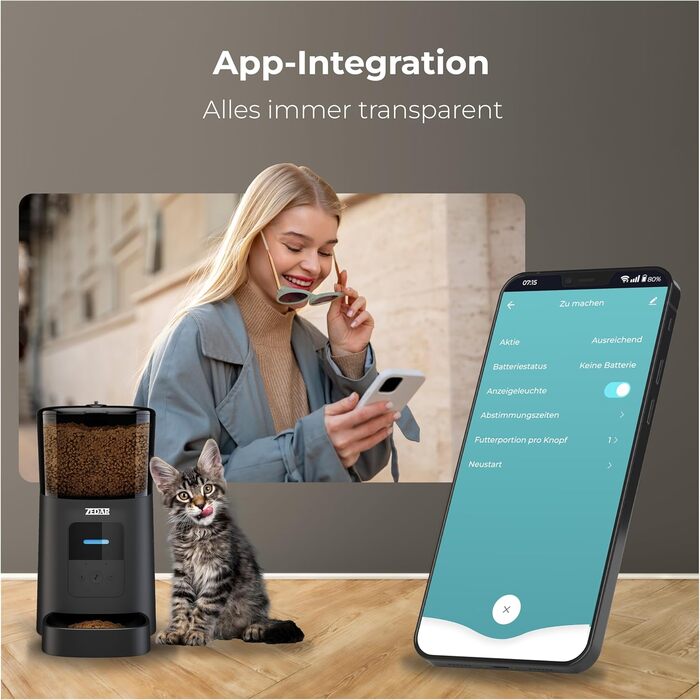 Автоматичний годівник для котів та собак Zedar A600 з контролем через APP, 6 літрів, нержавіюча сталь, чорний