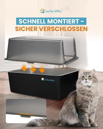 Котлочистка Lucky-Kitty Edelstahl 60x40x20 см з кришкою | XXL, не пропускає запахи, чорна | Котлочистка для котів, не витікає