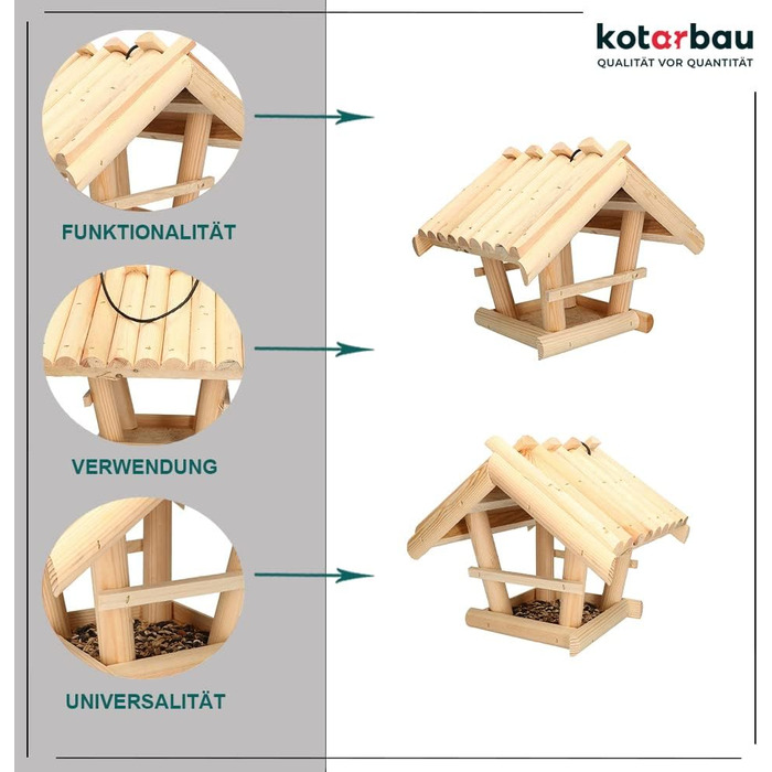 KOTARBAU® Годівниця для птахів з натурального дерева, маленька, без покриття, для підвішування, у комплекті 0,5 кг корму