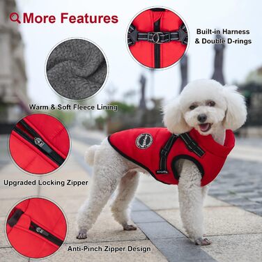 Зимовий теплий одяг для собак - куртка з нагрудником та захистом від вітру, для активних прогулянок на вулиці, світловідбиваюча жилетка з флісовою підкладкою, для маленьких собак (Червоний, XL)