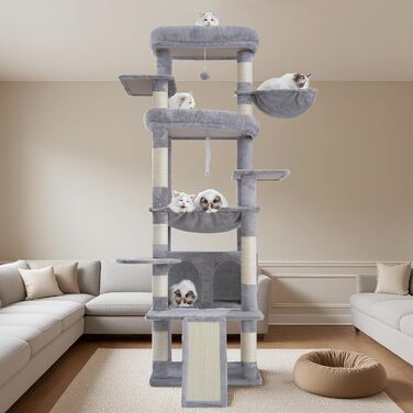 Кігтеточка Heybly для котів, 202 см з 2 великими лежаками, когтешкребком, великою печерою, кошиком, сизалевим стовпом та гамаком. Підходить для дорослих котів, світло-сіра HCT038W