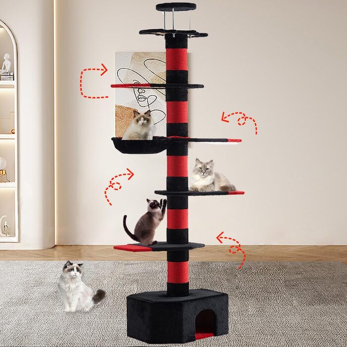 Мекідулу Кігтеточка для котів, 232-280 см, багатоярусна, регульована висота, обмотана чорним оксамитом та червоним сизалем (чорний, червоний)