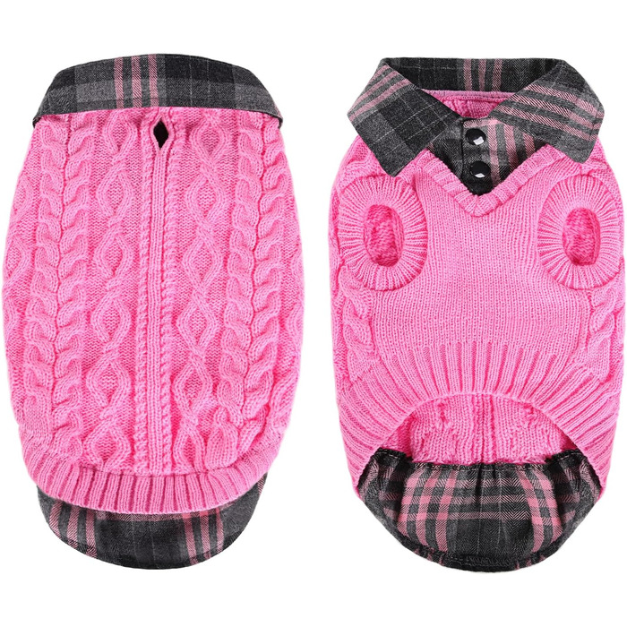 Теплий собачий светр CITE TOILE з візерунком у клітинку, комір-стійка та отворами для повідка – зимовий одяг для собак маленьких, середніх та великих порід, котячий светр на Різдво, Рожевий, XL