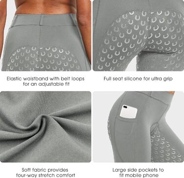 Легінси для верхової їзди FitsT4 для жінок, сірі, з силіконовою підкладкою, кишенею для телефону та петлями для ременя (розмір M)
