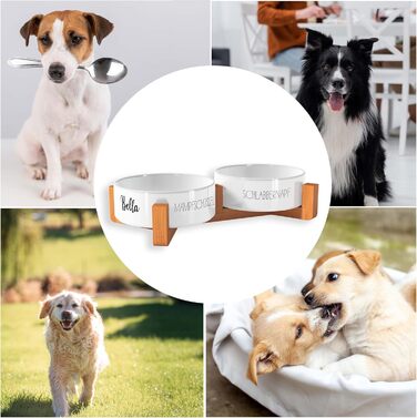 Миска для собак OWLBOOK з гравіюванням імені, керамічна миска для корму та води з бамбуковим підставкою, 300 мл