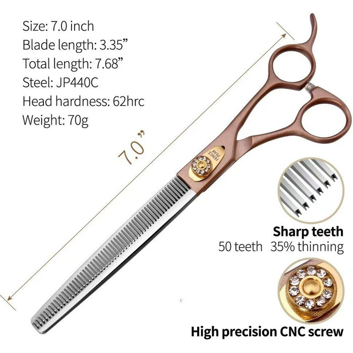 Професійна ножиця для вичісування собак та котів Fenice Peak, 1.2 см, з нержавіючої сталі 440C, 50/56 зубців, 7 дюймів