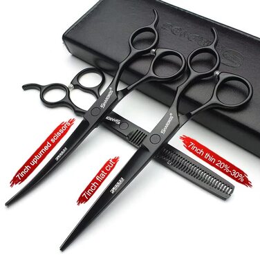 Професійний набір ножиць для стрижки та проріджування волосся, чорний нержавіючий сталь J44C, 5.5'/6'/7'/7.5 дюймів (7 дюймів, 3 шт.)