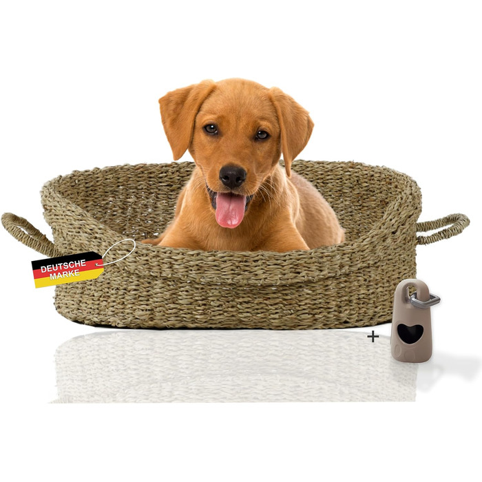 Корзина для собак Rohrschneider з ручками для маленьких та середніх собак | Ручна плетіння з морської трави, посилений високий борт | Знімний, пральний чохол | Розмір 1 (70 x 60 см)