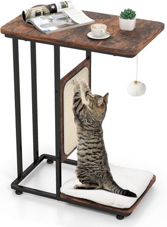 Столик COSTWAY з когтеточкою з сизалю, 4 в 1, меблі для котів, когтедряпка з знімним подушкою та м'ячиком, когтеточки у стилі меблів, ліжко для котів для вітальні/спальні, рустичний коричневий