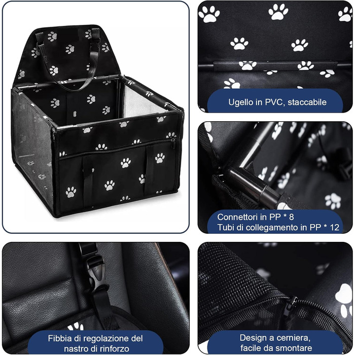 Автомобільний сидіння для собак на переднє сидіння - чорний, з ременями безпеки, водонепроникний, для малих та середніх порід