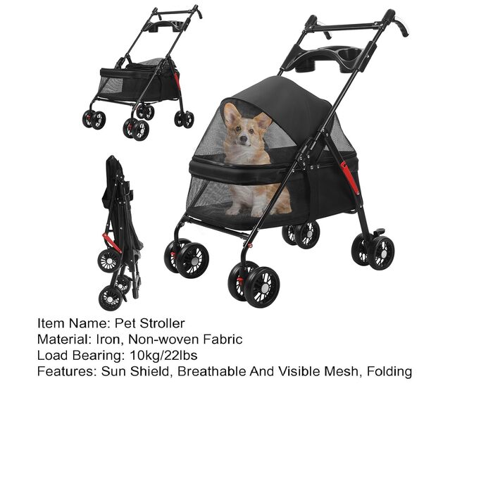 Складана візок для тварин до 10 кг з амортизаторами 360° та сонцезахистом - Легкий бугі для котів/маленьких собак (чорний)