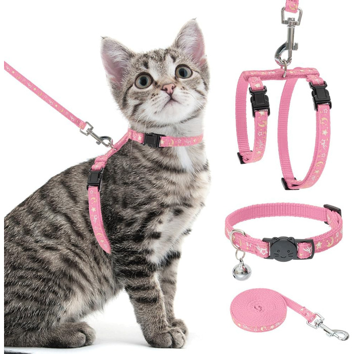 Шлейка для кота PAWCHIE з повідком та ошийником, антивипадкова, регульована, світиться в темряві, для кошенят, для прогулянок на вулиці (Рожева, Small)