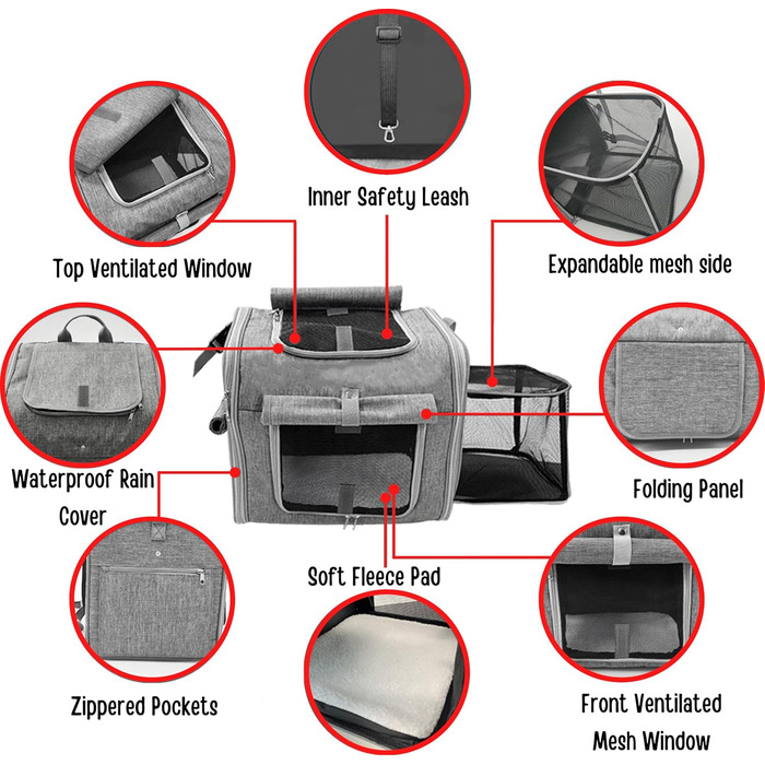 Рюкзак-переноска для собак та котів, сірий, з розширенням, м'який, світловідбиваючий, з 4 дверима та сітковими вікнами (для малих та середніх собак, кошенят, цуценят)