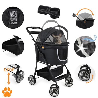 Візок для собак CECE 2 в 1 з переносною коробкою | Складаний візок-коробка для собак з додатковим кошиком для покупок | Використання як візок або безпечний переноска – Меланж (Чорний)