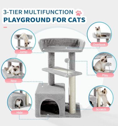Котячий будиночок Made4Pets, килимовий когтеточка, сірий, багаторівневий дерев'яний комплекс для котів, 73,7 см, сучасний ігровий меблевий комплекс для маленьких та середніх домашніх котів