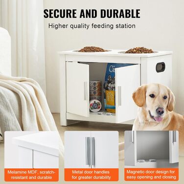VEVOR шафа-кормниця для собак з 2 нержавіючими мисками 60x30x44 см, підвищена станція для годування з місцем для зберігання, біла, для великих собак