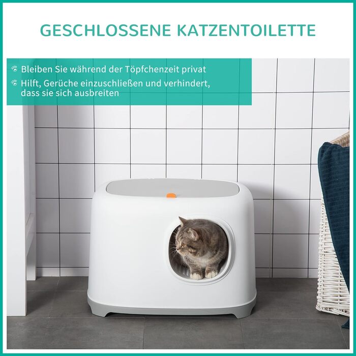Туалет для котів PawHut з кришкою, пластиковий, білий, до 5 кг, 55x40x39 см