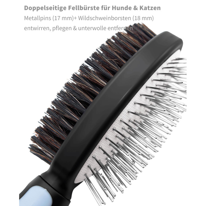 Двостороння щітка для собак та котів – вичісувальний гребінь для довгої та короткої шерсті, металеві щетинки та натуральна щетина, ергономічна ручка TPR, м'який та ефективний догляд за шерстю (Синьо-Чорний)