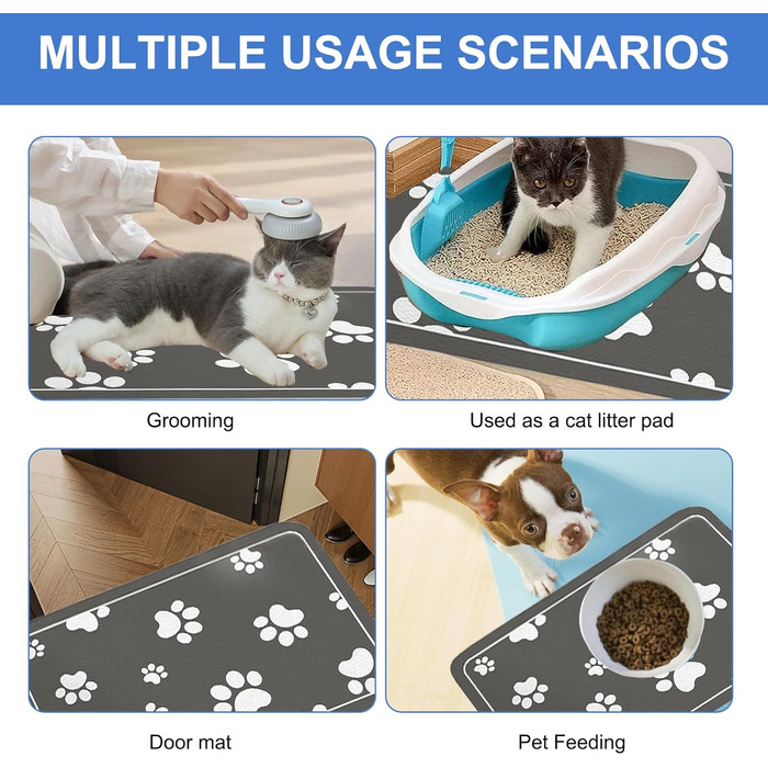 Килимок під годівницю для собак, 30x50 см, кремнезем, поглинаючий, неслизький, сірий