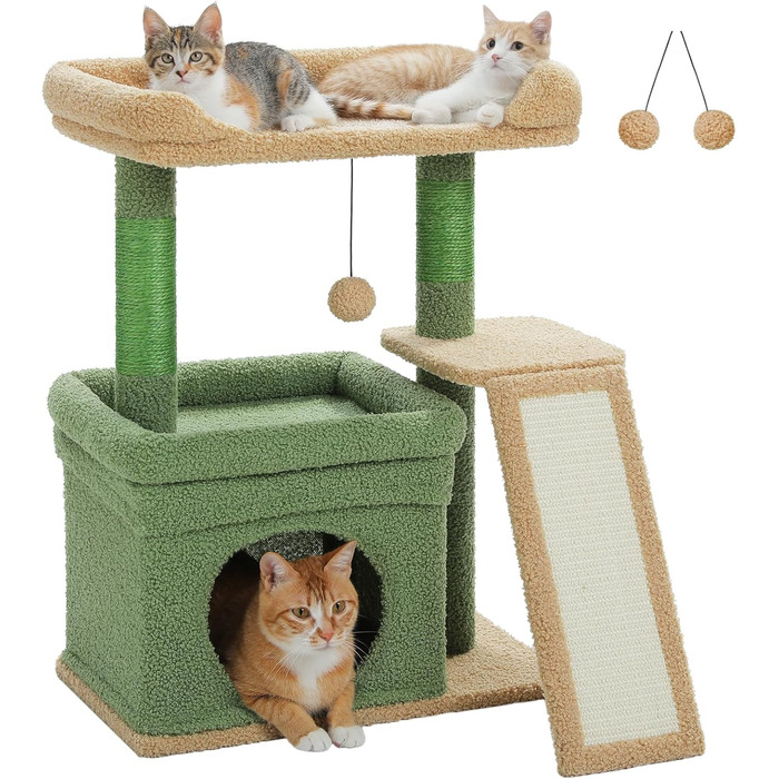 Дерев'яний комплекс для котів PEQULTI з будиночком, когтеточкою та широкою платформою, зелений