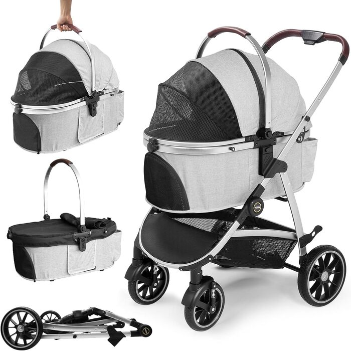 Візок для собак DAISTERN, складаний, до 25 кг, сірий. Легкий алюмінієвий каркас, поворотне EVA-колесо з амортизатором та гальмом, 4-в-1 для прогулянок, міста та ветеринара.