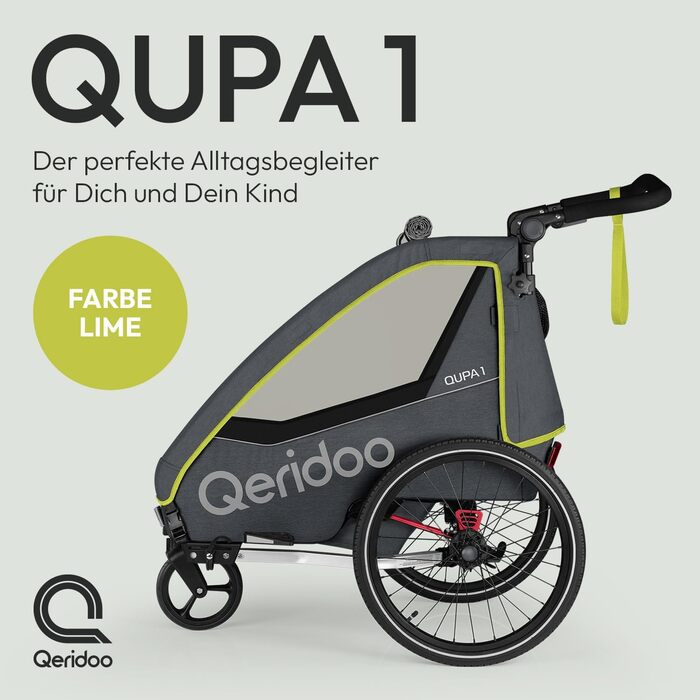 Причіп для велосипеда Qeridoo QUPA 1 з листковою підвіскою, складною кабіною, розширюваним сидінням, візок-причіп, регульована ручка, 5-точкова система ременів безпеки, для 1 дитини (Lime)